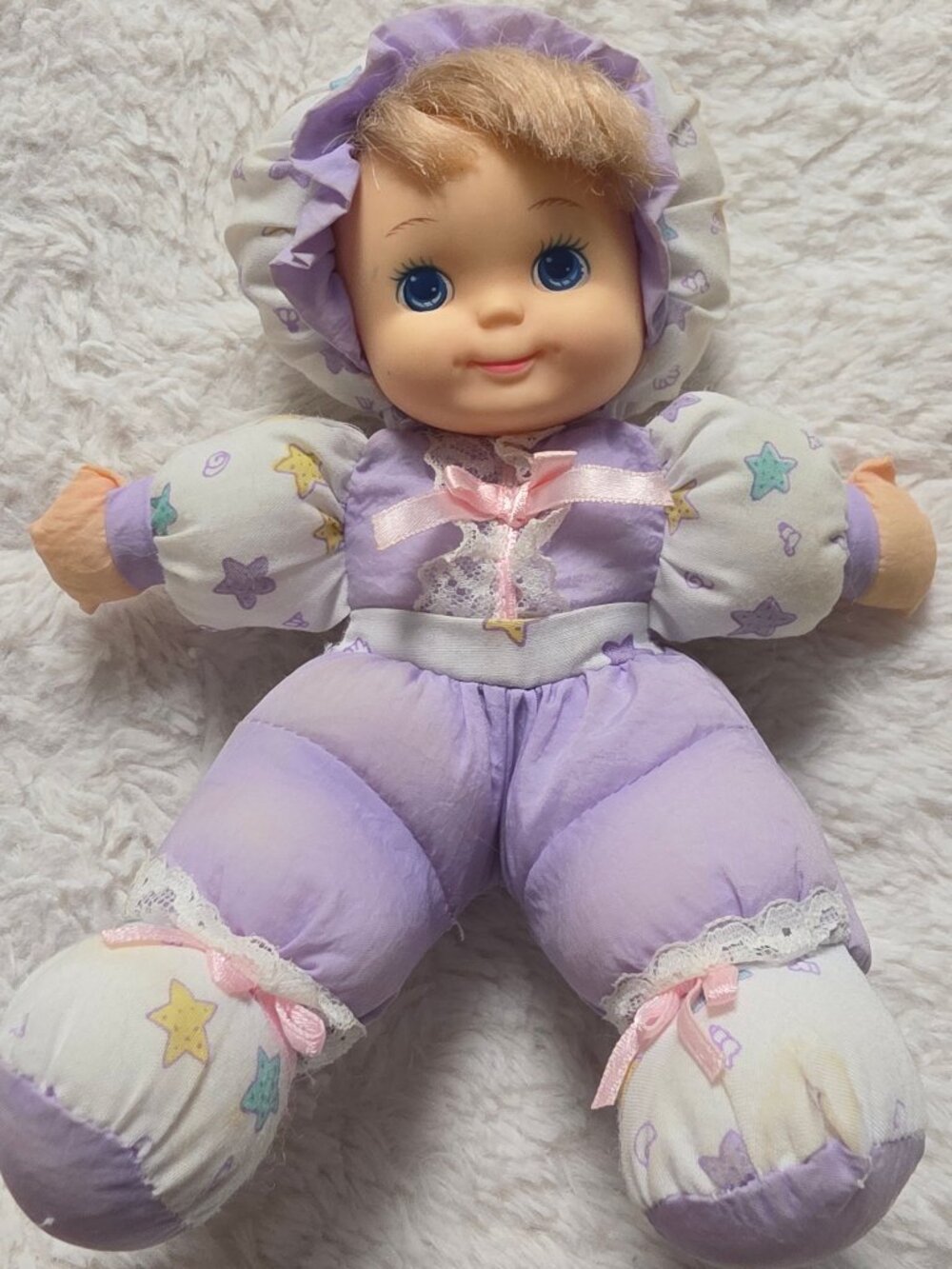 Vintage 90s Soft Body Baby Doll Rubber Face Purple Stars H.K. City Toys Cititoy
